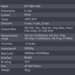 [WTVB01-485] IP67 Vibration Sensor triaxial disp+speed+amplitude+frequency - WitMotion ShenZhen CO.,LTD