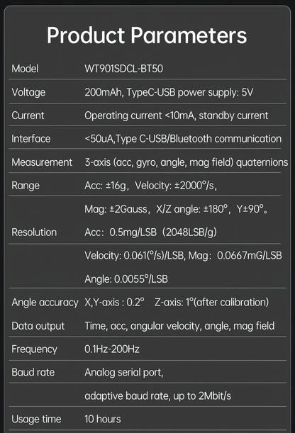 WT901SDCL-BT50 Bluetooth remote reading SD card Low-Power Accelerometer, 9-axis Gyroscope+Angle(XY 0.05° Accuracy)+Magnetometer - WitMotion