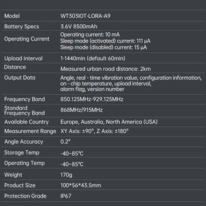 [WT303IOT-LORA- A9] Wireless Tilt/Vibration Alarm Angle Acceleration Sensor Remote Monitoring Anywhere, Anywhere for 5 Y