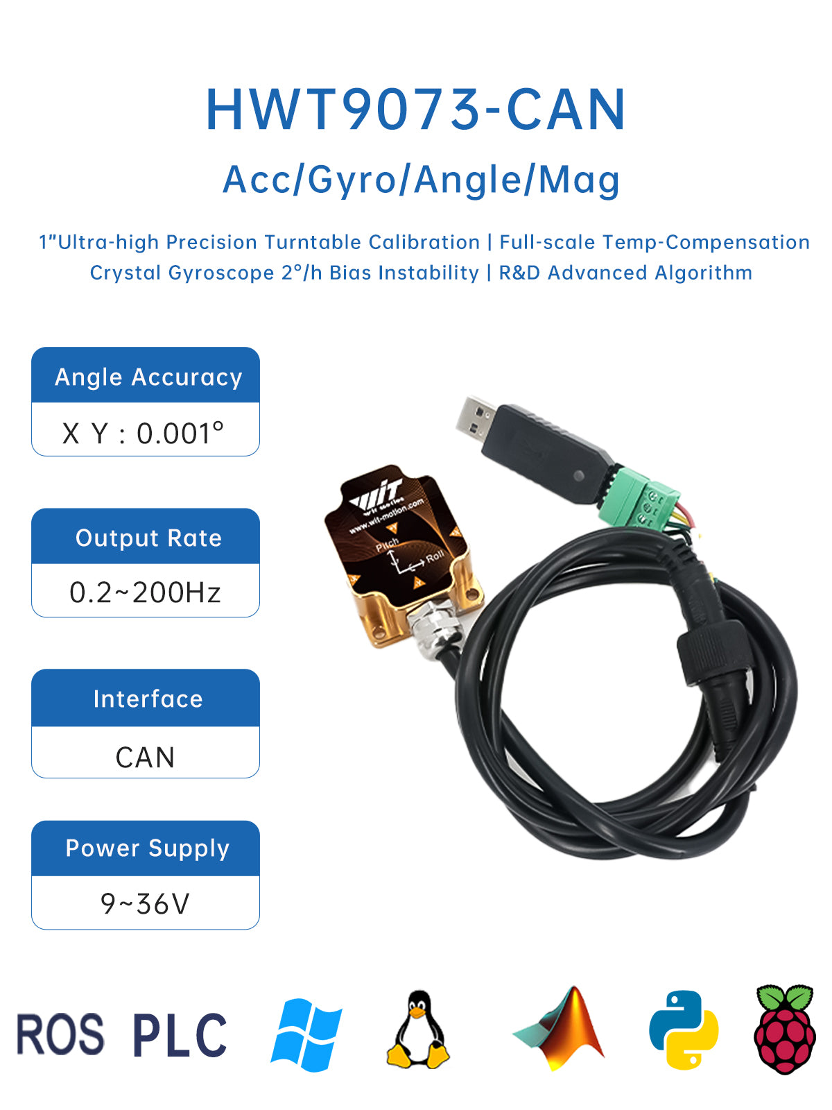 [HWT9073] 0.001°Ultra-high precision, AHRS 3-Axis Acc+Gyro+Angle+Mag,IP67 Waterproof - WitMotion ShenZhen CO.,LTD