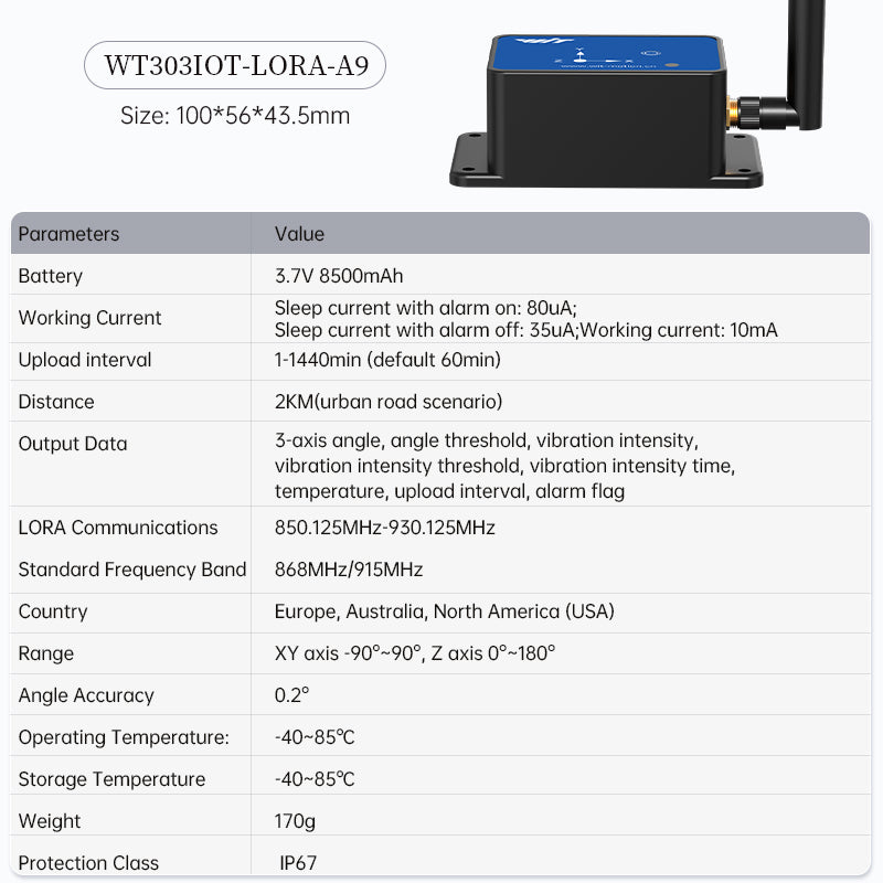 [WT303IOT-LORA- A9] Wireless Tilt/Vibration Alarm Angle Acceleration Sensor Remote Monitoring Anywhere, Anywhere for 5 Y