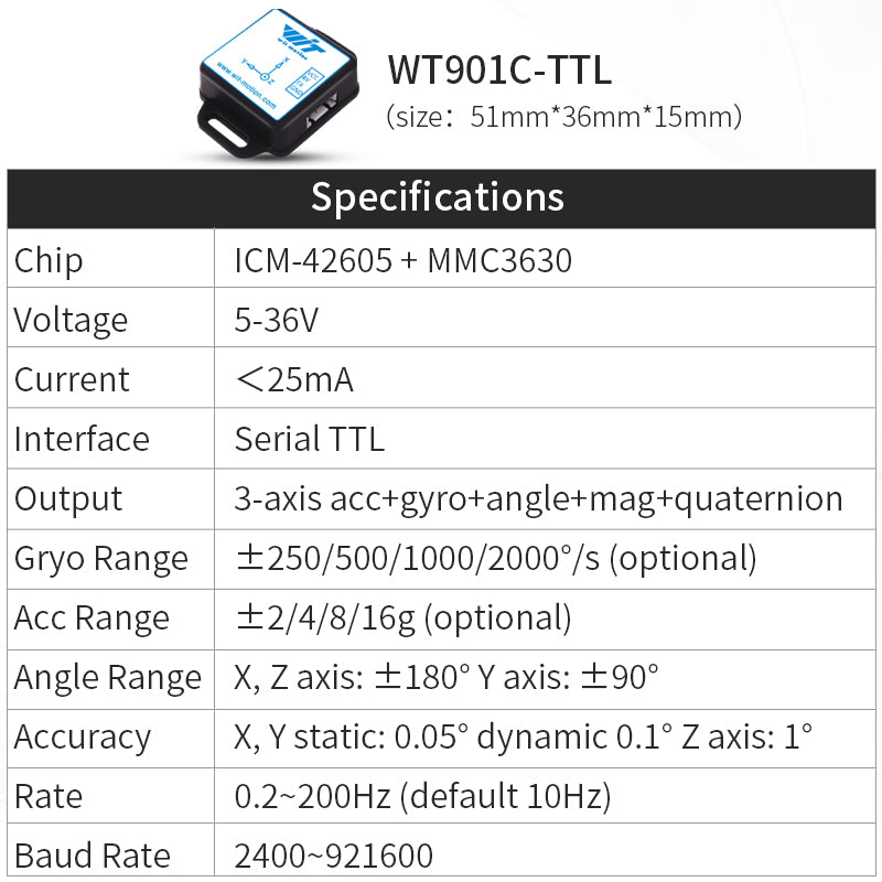 WitMotion WT901C-485 9-Axis High-Stability Acceleration+Gyro+Angle (XY 0.2° Z 1° Accuracy)+Digital Compass, Triaxial MPU9250 Gyroscope Sensor【Kalman Filtering】for Arduino, Raspberry Pi - WitMotion