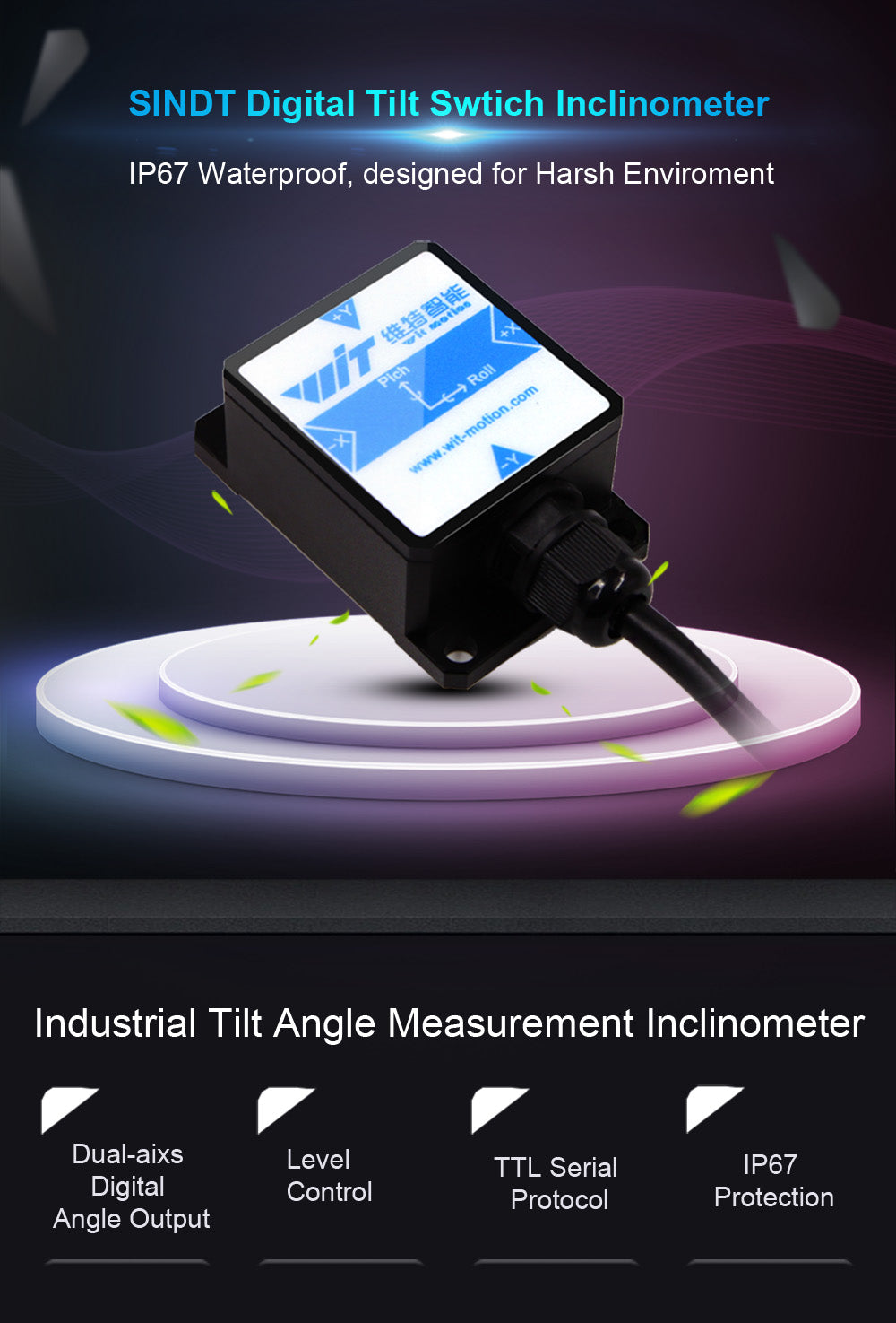 【SINDT-485 Modbus Accelerometer】High-Accuracy 200Hz MPU6050 3-Axis Acceleration+Gyro+Quaternion+2-Axis Angle(XY 0.05° Accuracy), IP67 Waterproof Tilt Sensor for Constructions Monitoring