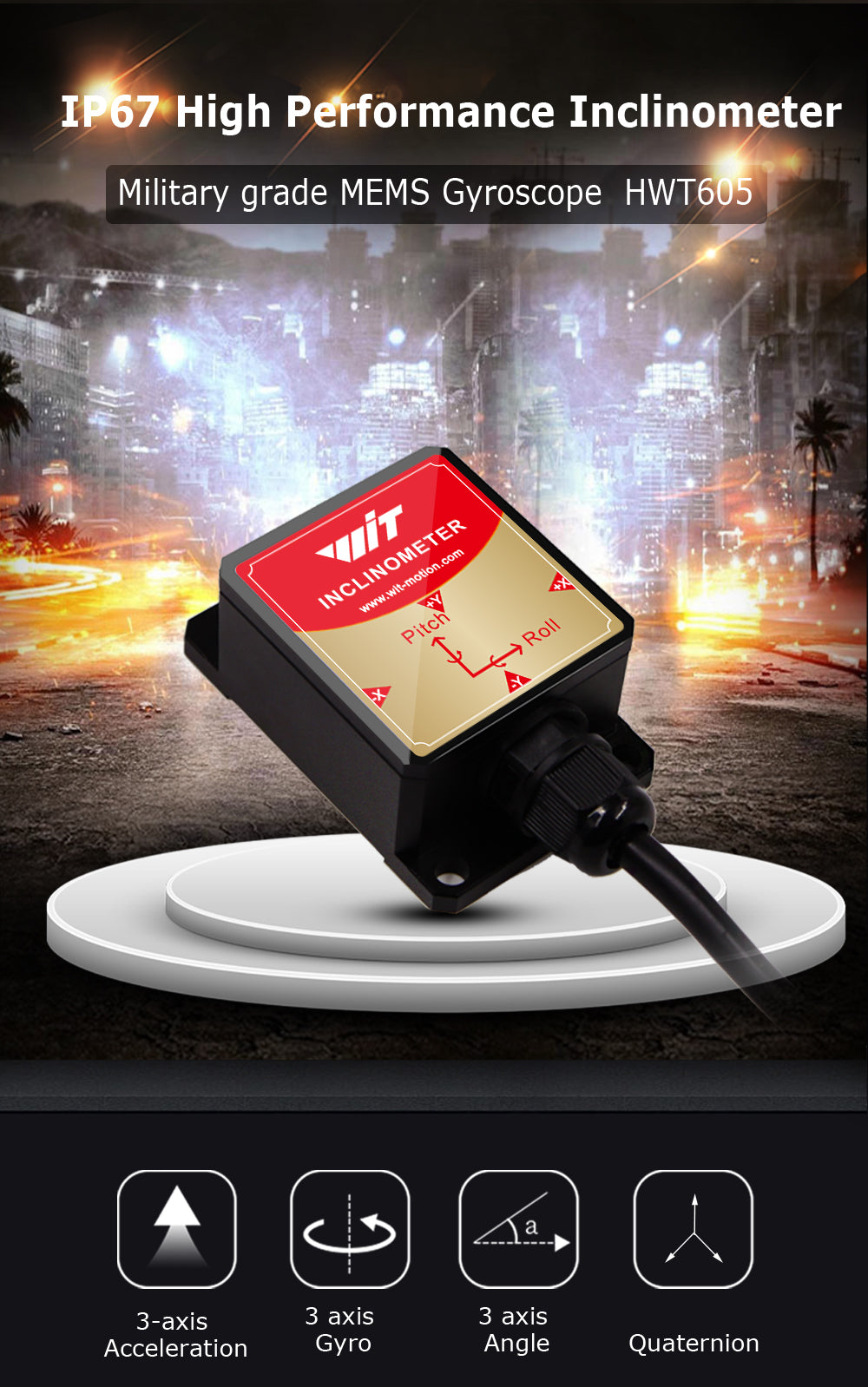 [Military grade accelerometer + inclinometer] HWT605-TTL/232 6-axis gyroscope + angle (XY 0.05° accuracy) + Kalman filter digital compass, IP67 waterproof