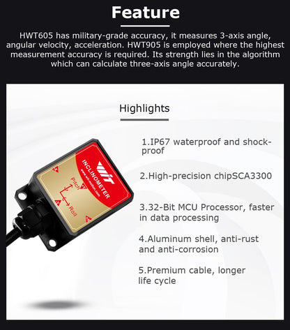 [Military grade accelerometer + inclinometer] HWT605-485 6-axis gyroscope + angle (XY 0.05° accuracy) + Kalman filter digital compass, IP67 waterproof - WitMotion
