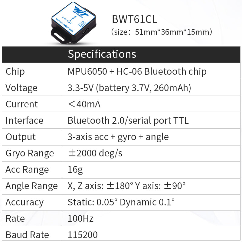 [Bluetooth Accelerometer+Inclinometer] BWT61CL MPU6050 High-Precision 6-axis Gyroscope+Angle(XY 0.05° Accuracy)+Acceleration with Kalman Filter, 100Hz High-Stability 6DOF Data Logger for Arduino - WitMotion