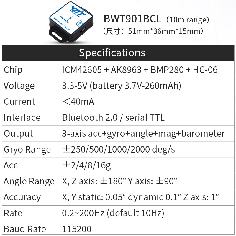 WitMotion BWT901BCL Bluetooth Accelerometer 200Hz MPU9250 AHRS 9-Axis Gyroscope+Angle(XY 0.05° Accuracy)+Magnetometer+Chip time with Barometric - WitMotion