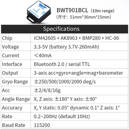 WitMotion BWT901BCL Bluetooth Accelerometer 200Hz MPU9250 AHRS 9-Axis Gyroscope+Angle(XY 0.05° Accuracy)+Magnetometer+Chip time with Barometric - WitMotion