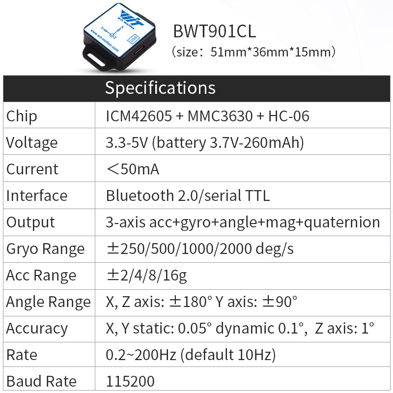 [Bluetooth 5.0 Accelerometer+Inclinometer] WT901BLECL MPU9250 High-Precision 9-axis Gyroscope+Angle(XY 0.05° Accuracy)+Magnetometer with Kalman Filter, Low-Power 3-axis AHRS IMU Sensor for Arduino - WitMotion