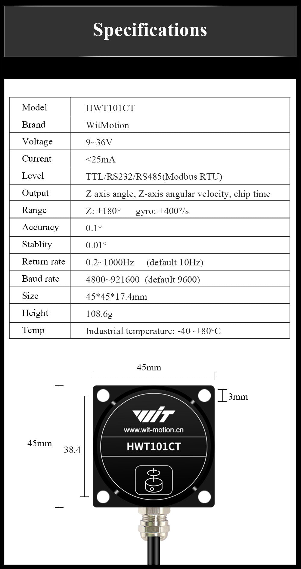 1-Axis HWT101CT-485 Military Grade Z-Axis Inclinometer, MEMS Tilt Sensor, Built-in Highly Integrated Crystal Gyroscope Rotation Angle Attitude Sensor Kalman Filter Algorithm, Automatic Data Storage, Multi-Cascade Support