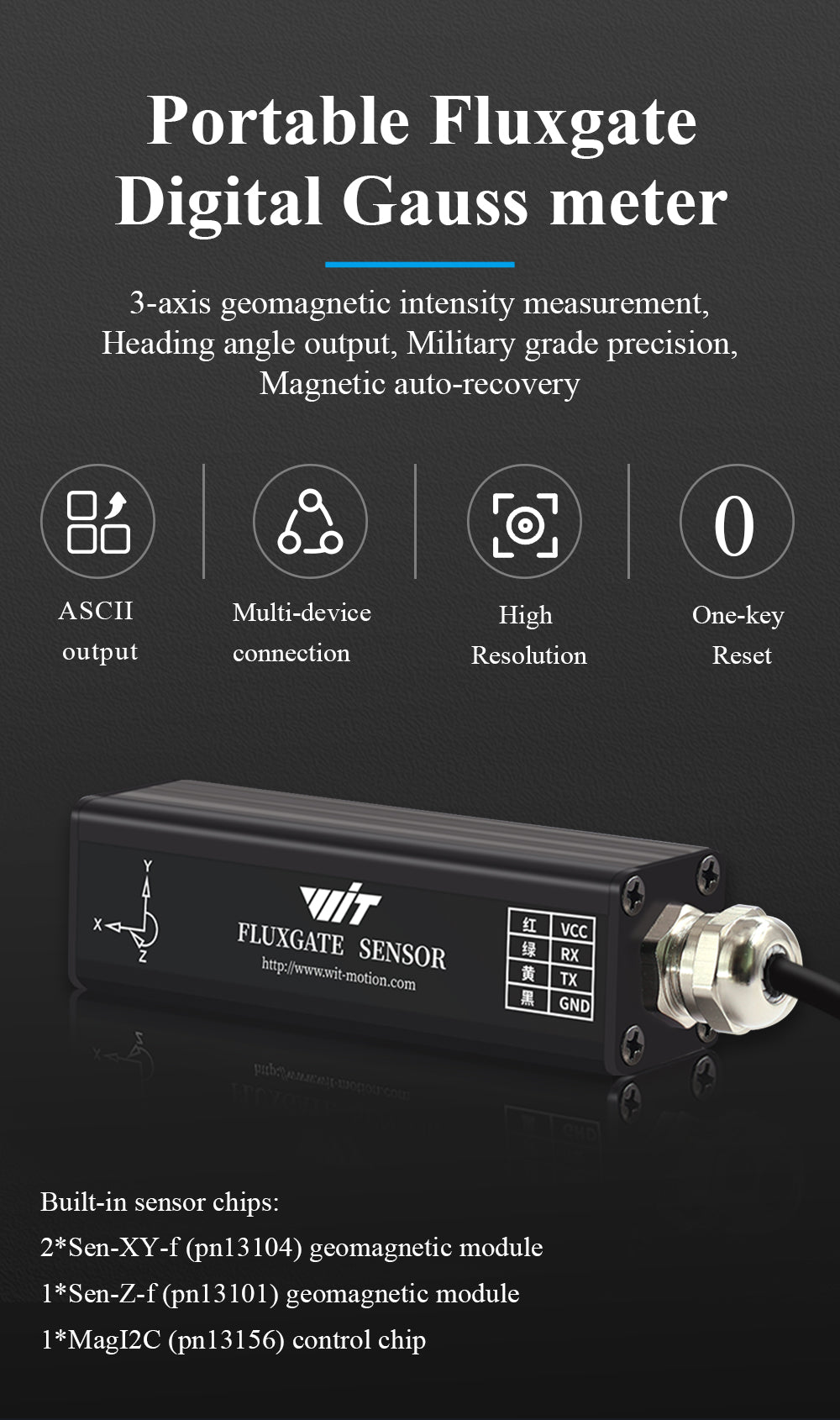 WitMotion HWT3100-TTL/485 three-axis electronic compass geomagnetic sensor PNI magnetometer heading angle fluxgate, three-dimensional space magnetic field size measurement, TTL output, 5V - WitMotion