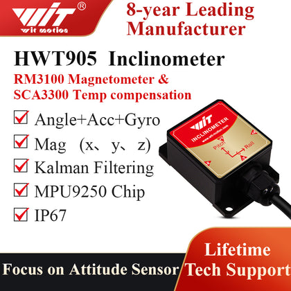 [Industry-Grade Accelerometer+Inclinometer] HWT905 MPU9250 9-axis Gyroscope+Angle(XY 0.05° Z axis 1° Accuracy)+Digital Compass with Kalman Filter, Temperature Magnetometer Compensation, IP67 Waterproof