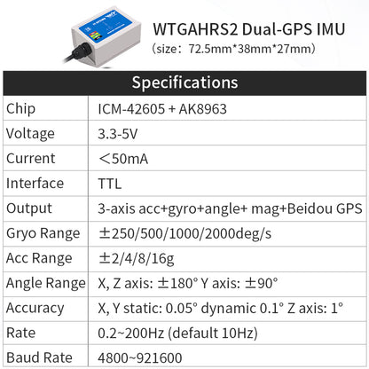 Industry-Grade Beidou WTGAHRS2 10-axis GPS-IMU Accelerometer+Gyros+Angle(XY 0.05°)+Magnetometer+Air Pressure+Latitude+Longitude - WitMotion