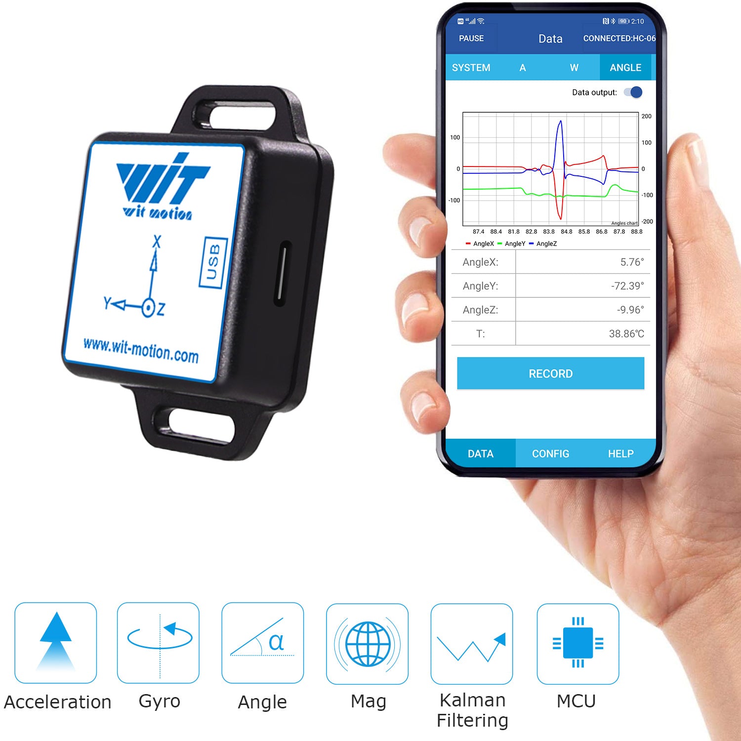 [Bluetooth Accelerometer+Inclinometer] BWT901CL MPU9250 High-Precision 9-Axis Gyroscope+Angle(XY 0.05° Accuracy)+Magnetometer with Kalman Filter, 200Hz High-Stability 3-axis IMU Sensor for Arduino - WitMotion