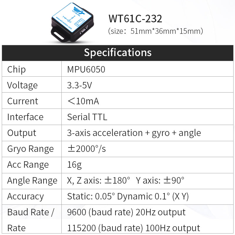 WitMotion WT61C High-Accuracy Accelerometer Sensor, 6-Axis Acceleration(+-16g)+Gyro+Angle (XY 0.05° Accuracy) with Kalman Filtering, MPU6050 AHRS IMU (Unaffected by Magnetic Field), for Arduino - WitMotion