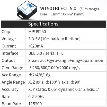 [Bluetooth 5.0 Accelerometer+Inclinometer] WT901BLECL MPU9250 High-Precision 9-axis Gyroscope+Angle(XY 0.05° Accuracy)+Magnetometer with Kalman Filter, Low-Power 3-axis AHRS IMU Sensor for Arduino - WitMotion