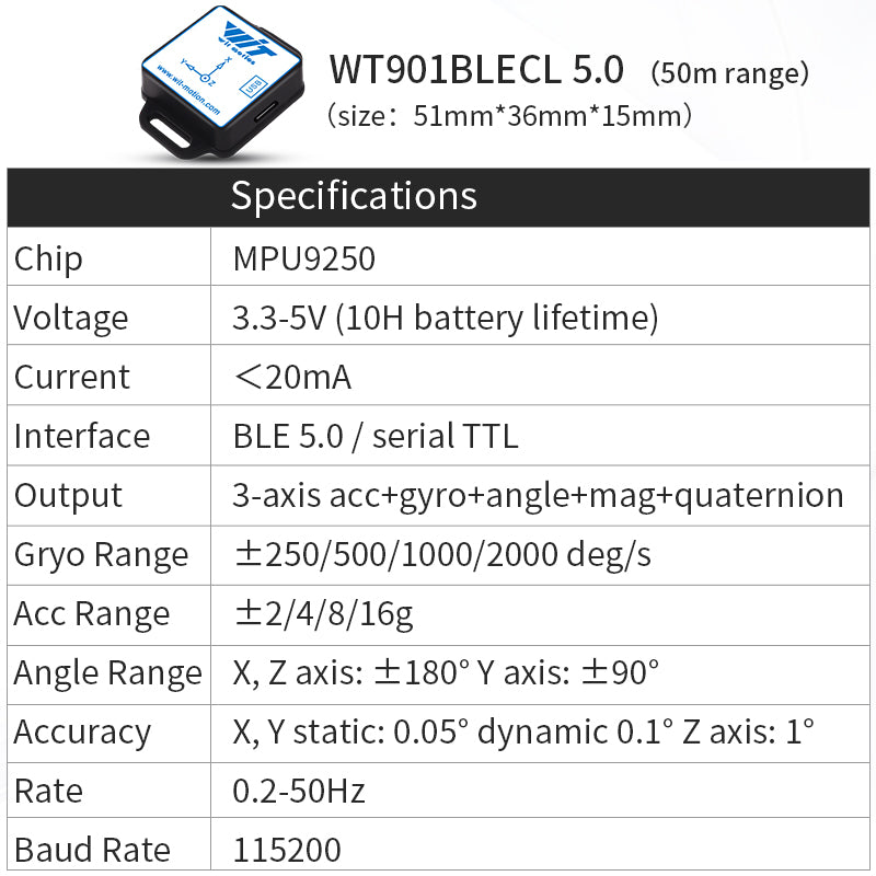 [Bluetooth 5.0 Accelerometer+Inclinometer] WT901BLECL MPU9250 High-Precision 9-axis Gyroscope+Angle(XY 0.05° Accuracy)+Magnetometer with Kalman Filter, Low-Power 3-axis AHRS IMU Sensor for Arduino