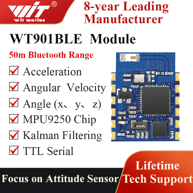 [Bluetooth 5.0 Accelerometer+Inclinometer] WT901BLE MPU9250 High-Precision 9-axis Gyroscope+Angle(0.05° Accuracy)+Magnetometer with Kalman Filtering, 50Hz Low-Power 3-axis AHRS IMU Sensor for Arduino - WitMotion