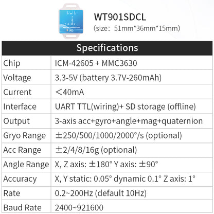 【9-Axis Offline Accelerometer Data Logger】WT901SDCL High-Precision Gyroscope+Angle (XY 0.05° Accuracy)+Magnetometer with Kalman Filtering, MPU9250 200Hz Inclinometer Sensor with 16G SD Card - WitMotion