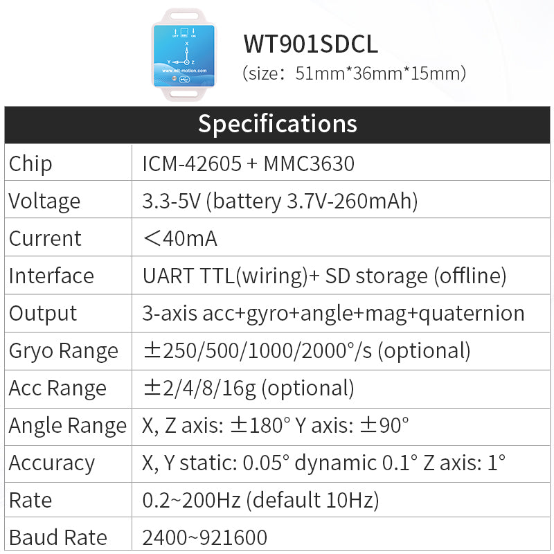 【9-Axis Offline Accelerometer Data Logger】WT901SDCL High-Precision Gyroscope+Angle (XY 0.05° Accuracy)+Magnetometer with Kalman Filtering, MPU9250 200Hz Inclinometer Sensor with 16G SD Card