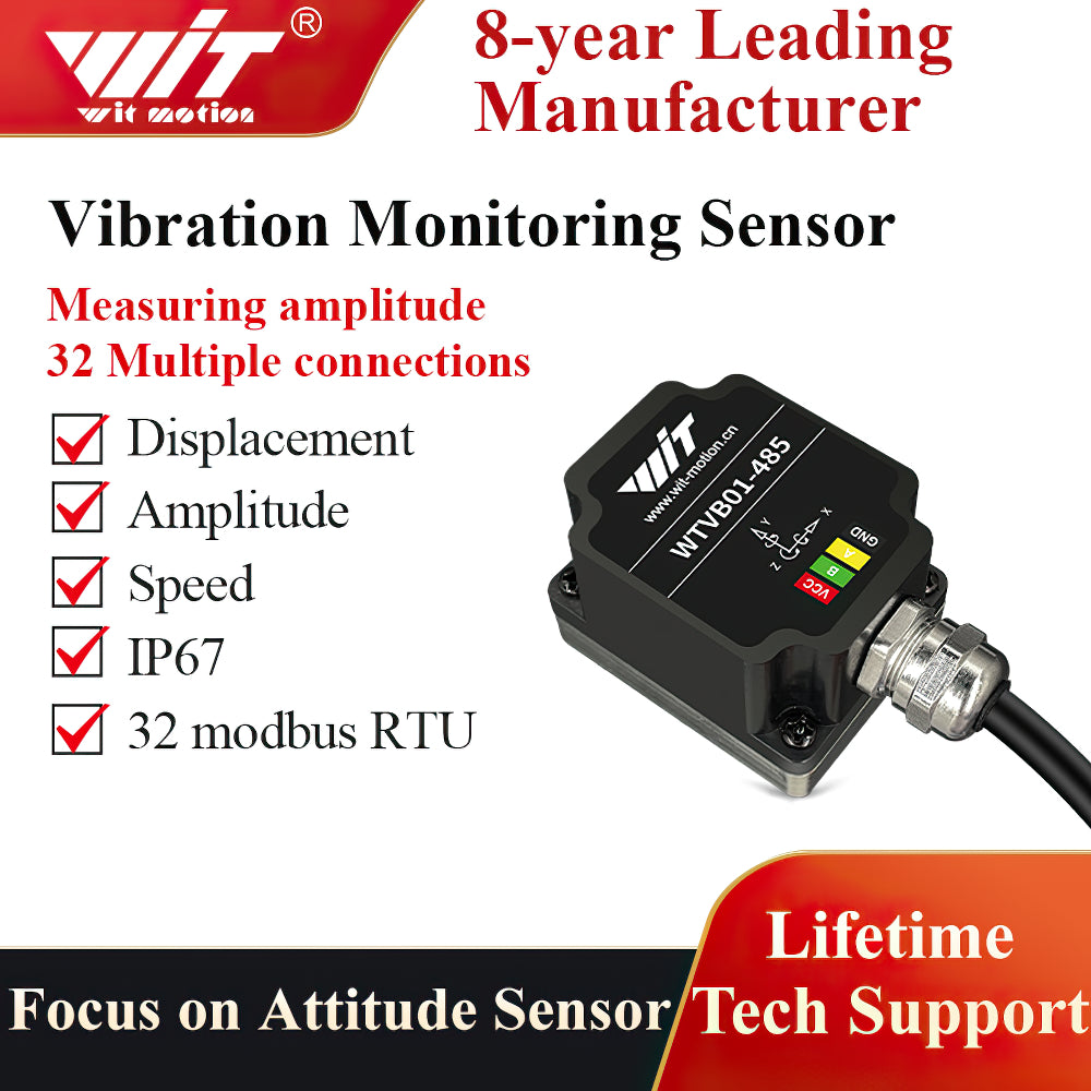 WitMotion WTVB01-485 triaxial displacement+speed+amplitude+frequency, vibration sensor IP67 Waterproof and dustproof, for motor pump vibration monitoring