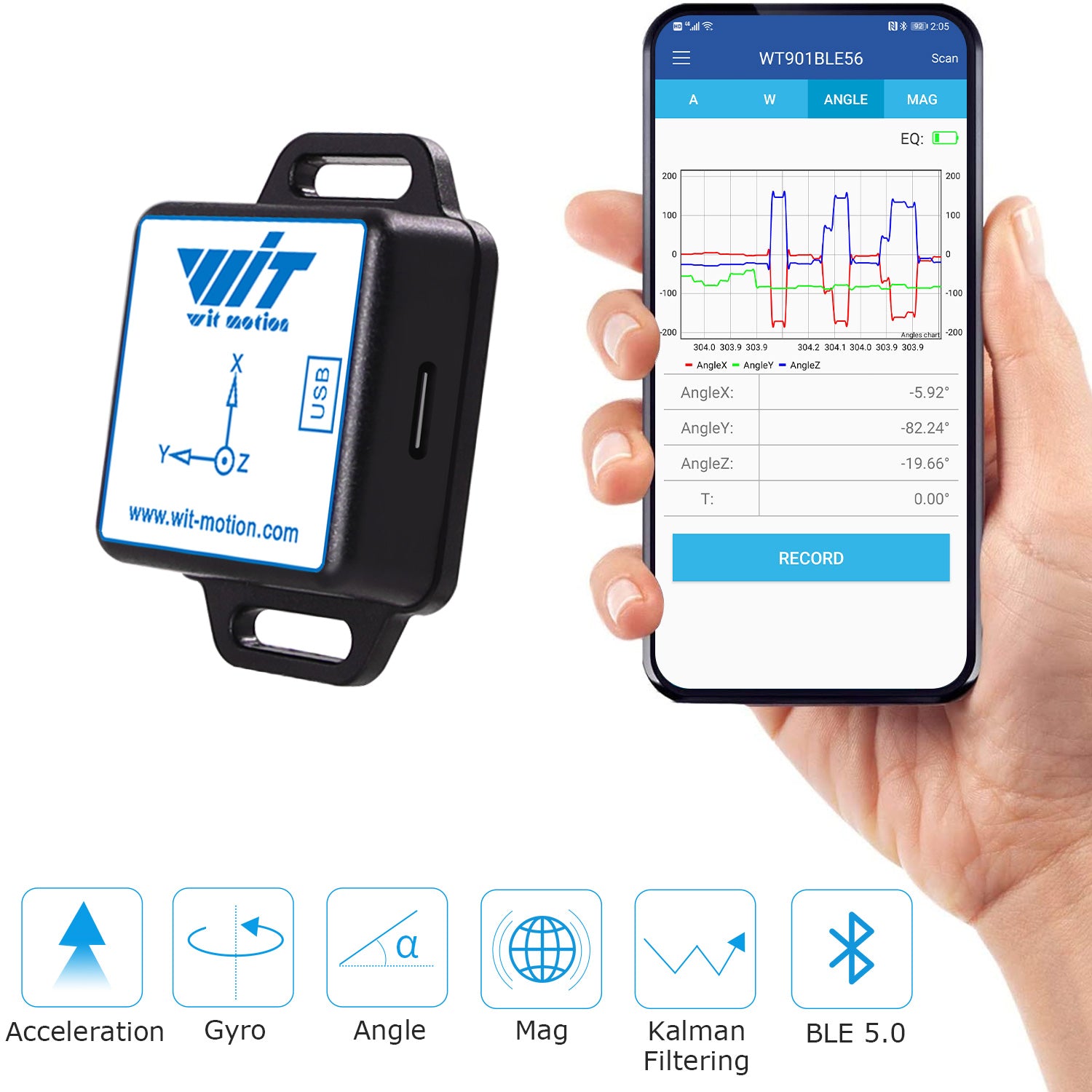 [Bluetooth 5.0 Accelerometer+Inclinometer] WT901BLECL MPU9250 High-Precision 9-axis Gyroscope+Angle(XY 0.05° Accuracy)+Magnetometer with Kalman Filter, Low-Power 3-axis AHRS IMU Sensor for Arduino - WitMotion