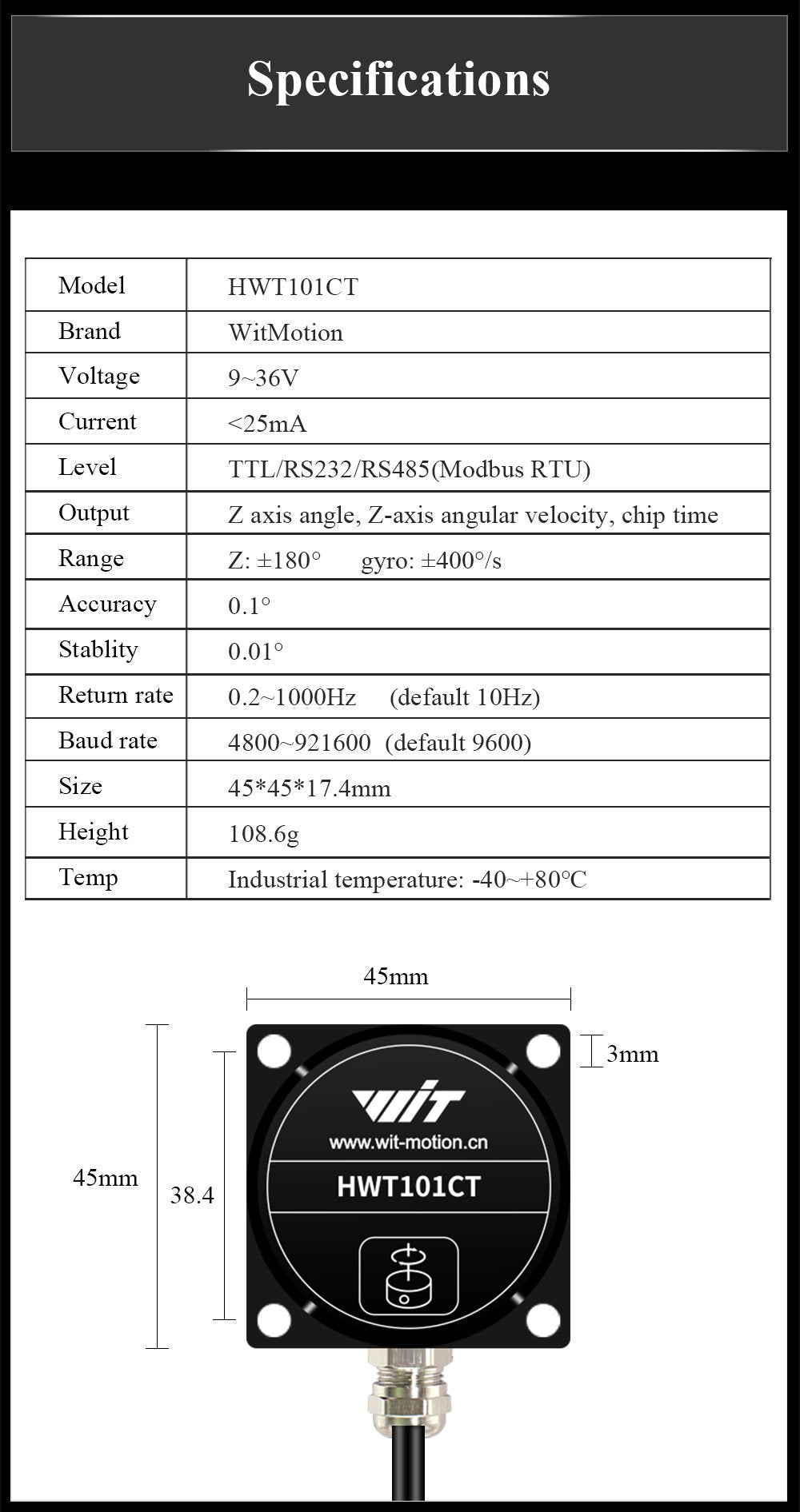 HWT101CT - TTL - Accelerometer+Inclinometer - mpu6050 - mpu9250+Angle Sensor Gyroscope for Arduino Magneometer.