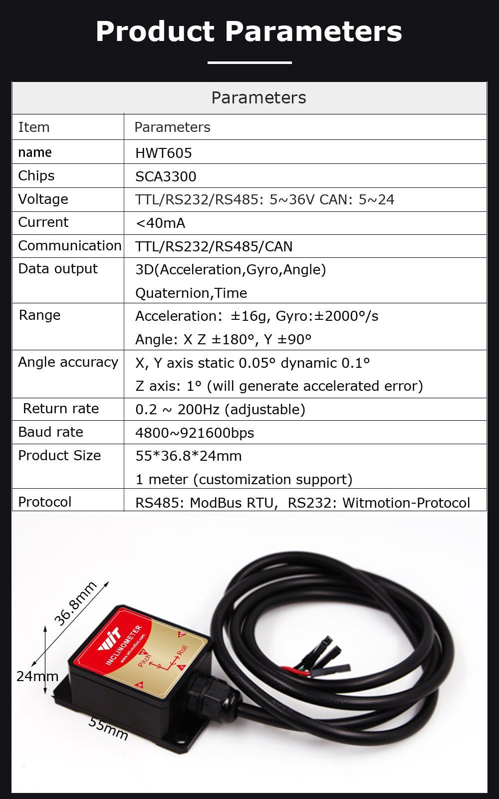 HWT605 - 485 - Accelerometer+Inclinometer - mpu6050 - mpu9250+Angle Sensor Gyroscope for Arduino Magneometer.